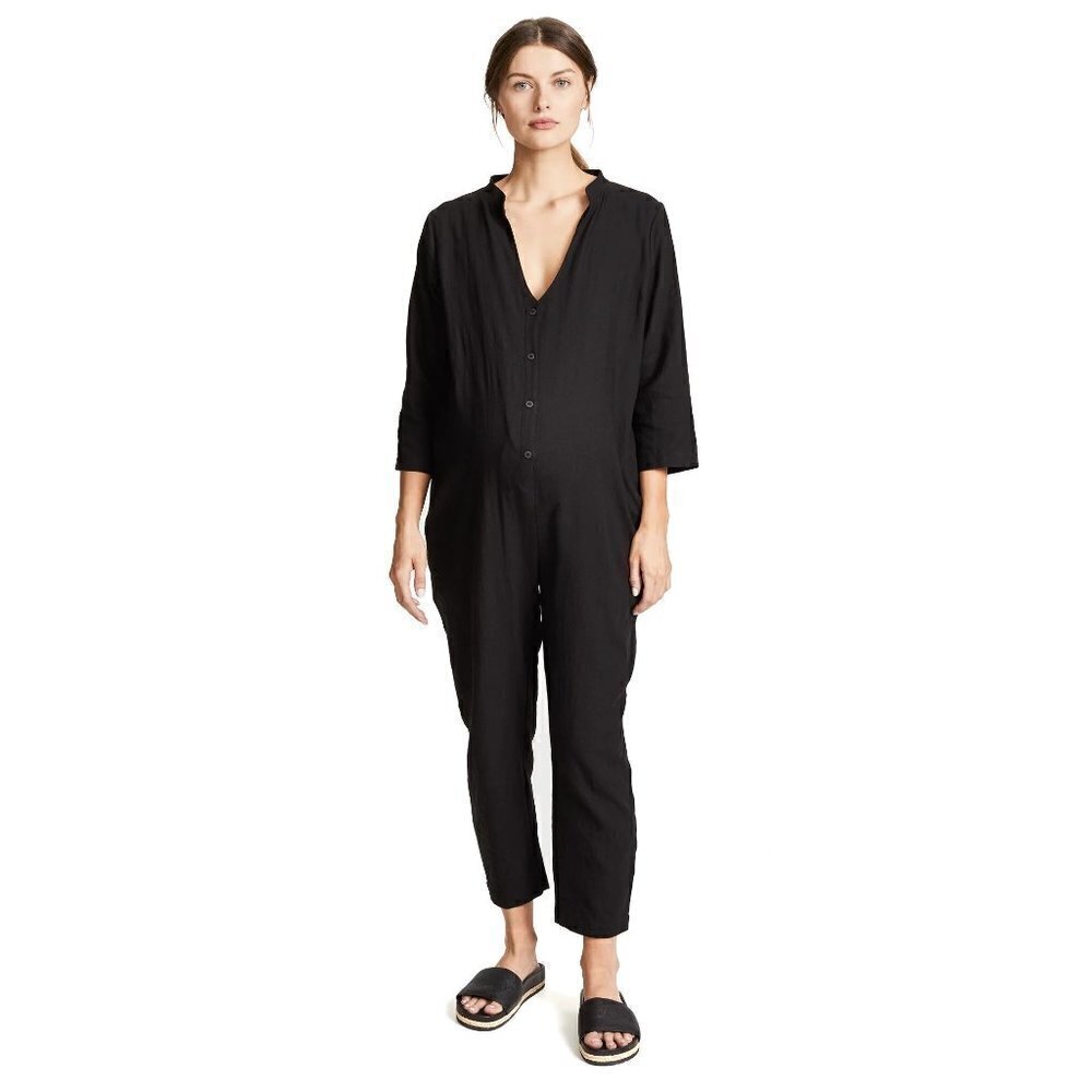 NWOT‎ Hatch Taylor Maternity Jumpsuit Petite Button Front Black 3/4 Sleeve